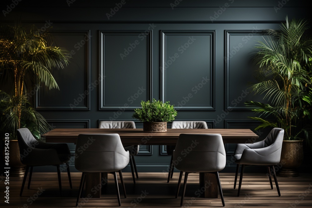 The interior of a modern dining room includes a dining table and wooden chairs against a black paneled wall, representing home design