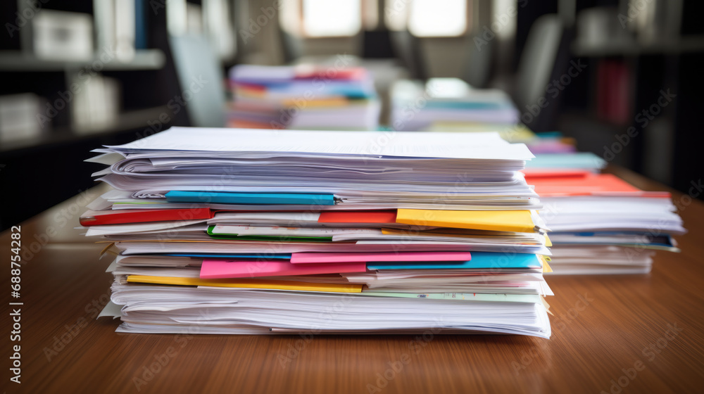 Stack of multi-colored folders and documents on a wooden office desk, indicating a substantial amount of paperwork. Stack of multi-colored folders and documents on a wooden office desk, indicating a substantial amount of paperwork.