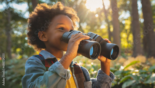 Little boy with big binoculars photo