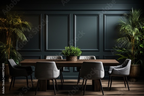 The interior of a modern dining room includes a dining table and wooden chairs against a black paneled wall, representing home design photo