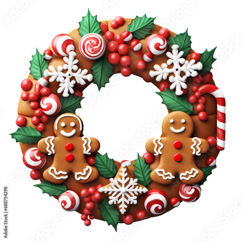 Cute Christmas wreath made of gingerbread cookies isolated on transparent background