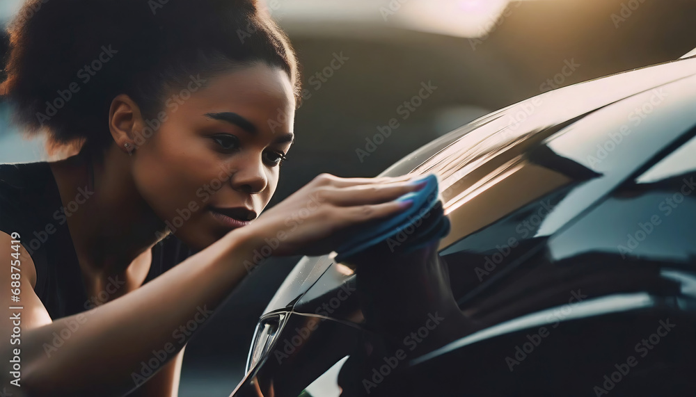 Woman polishing a car with meticulous care - obrazy, fototapety, plakaty 