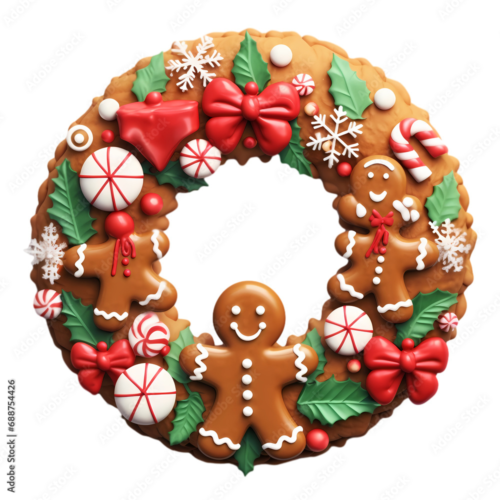Cute Christmas wreath made of gingerbread cookies isolated on transparent background