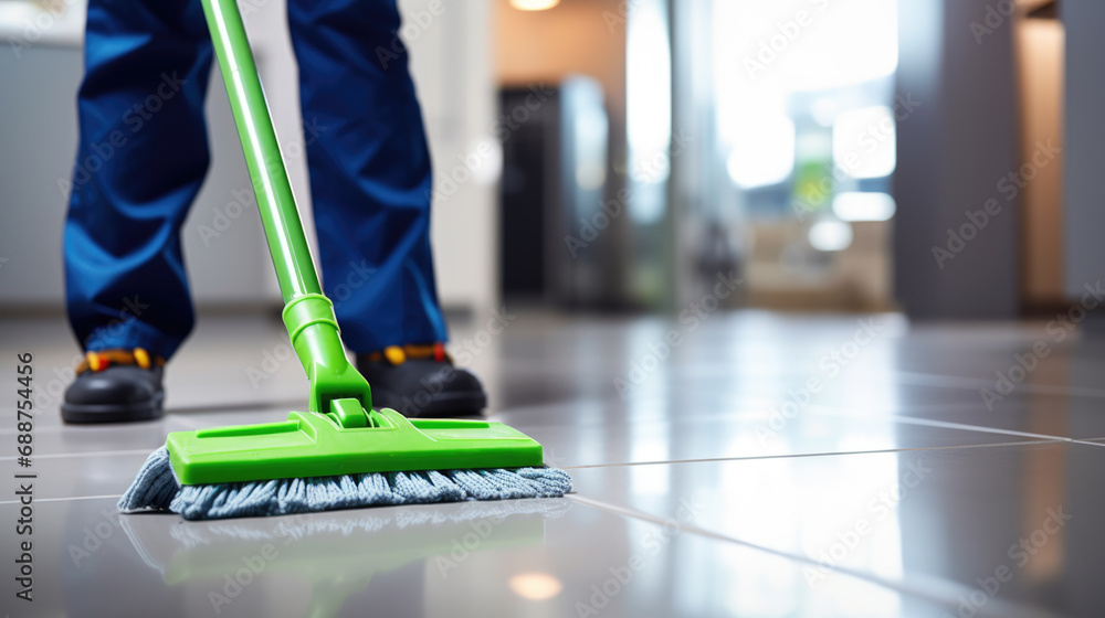 Fototapeta premium Low section of a person cleaning floor with wet mop at home.