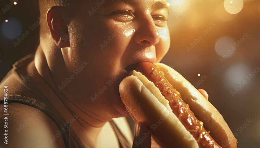 Hefty man indulging in a hot dog bite - obrazy, fototapety, plakaty 