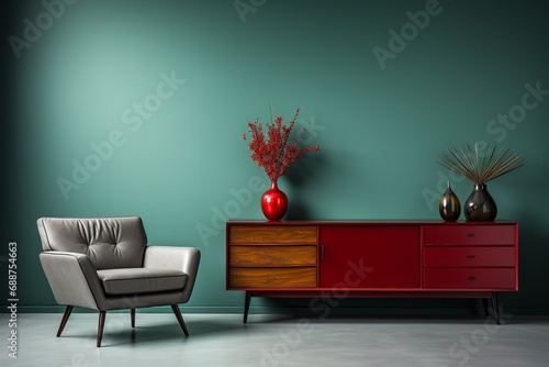 The interior of a modern living room includes a sideboard against a green wall, with a dresser and a red armchair, representing home design with curtains photo
