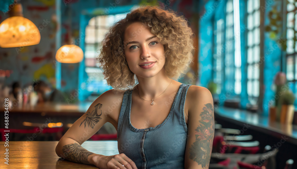 Curly-haired bar owner: tattoos and confidence