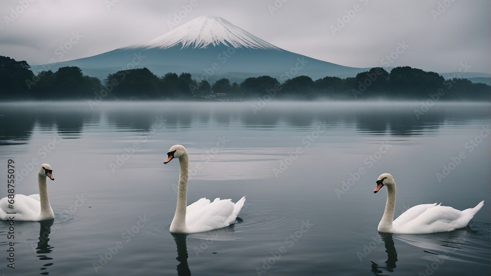 White swans swimming in the foggy and cloudy lake, with Mount Fuji in the background


