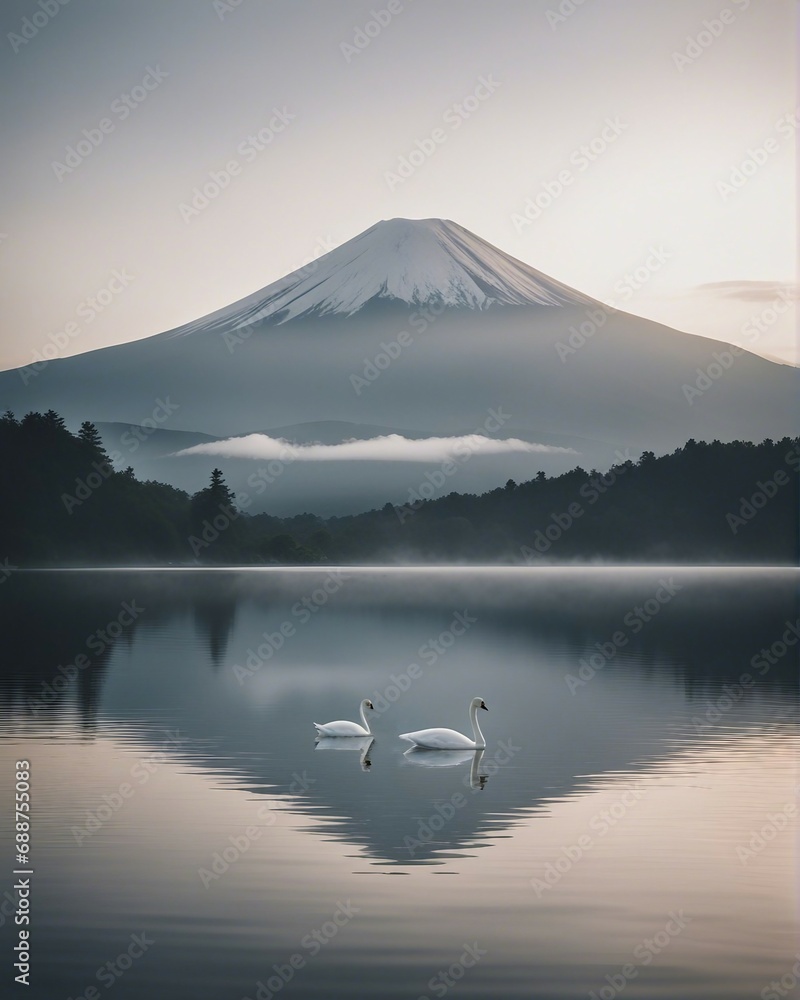 White swans swimming in the foggy and cloudy lake, Mount Fuji in the background

