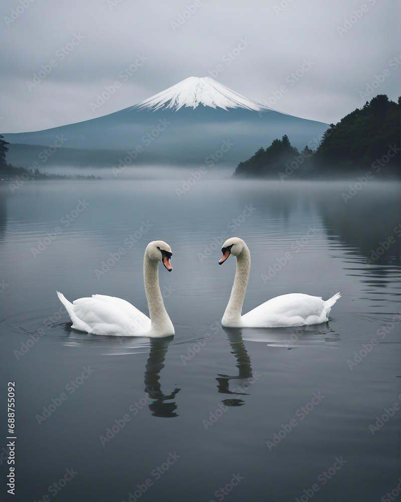 White swans swimming in the foggy and cloudy lake, Mount Fuji in the background

