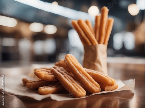 Traditional churros sticks in paper bag with sugar

 photo