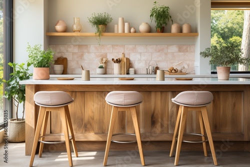 Three wooden stools line the kitchen island, illustrating modern interior design in a Scandinavian-style kitchen