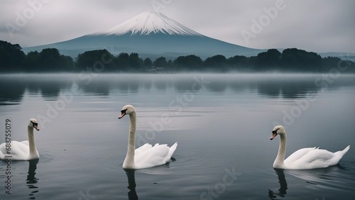 White swans swimming in the foggy and cloudy lake  with Mount Fuji in the background  