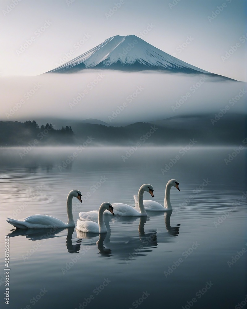 White swans swimming in the foggy and cloudy lake, Mount Fuji in the background
