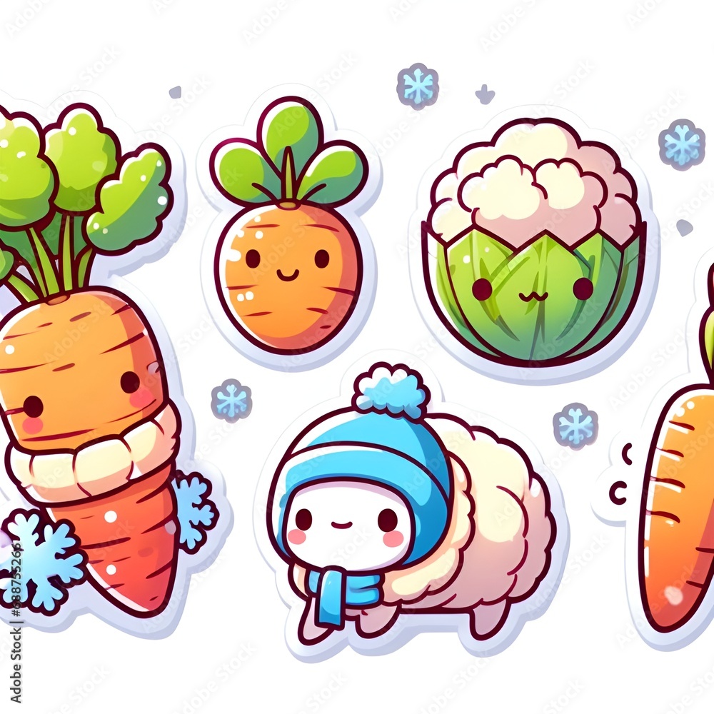 Set of stickers or patches with diet food, fruits, vegetables, on a white background, cute characters. Isolated elements for design, flat vector illustration.