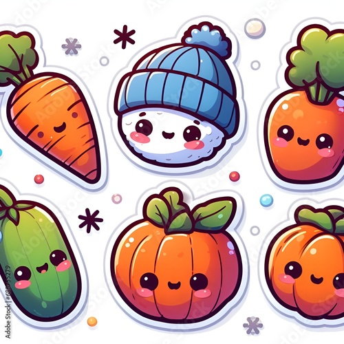 Set of stickers or patches with diet food, fruits, vegetables, on a white background, cute characters. Isolated elements for design, flat vector illustration.