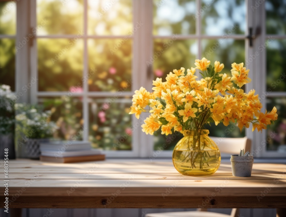 the kitchen table with flowers in front of it is in the garden, the kitchen table with flowers in front of it is in the garden,