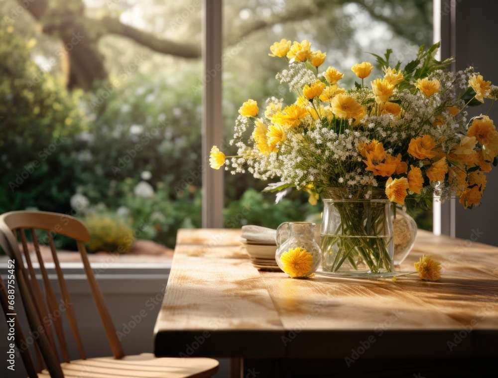 the kitchen table with flowers in front of it is in the garden, the kitchen table with flowers in front of it is in the garden,
