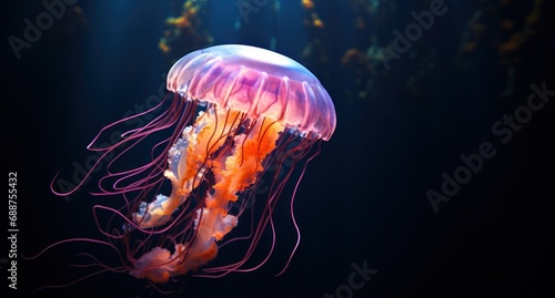 the jellyfish with its long tail floating in the ocean,