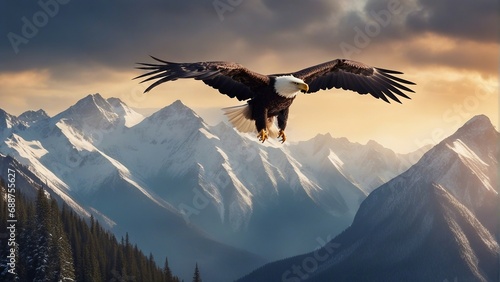 bald eagle flyin over mountains with wings spread, sunlight coming from behind 
