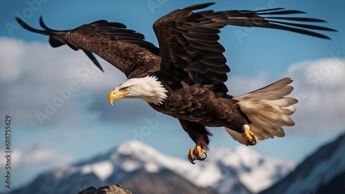 bald eagle flyin over mountains with wings spread, sunlight coming from behind
