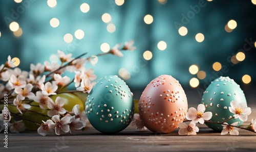 three easter eggs sit on a wooden table with green and pink flowers,