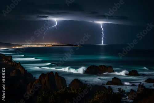 A long exposure picture of a coastline with lightning and a lunar eclipse in the distance.