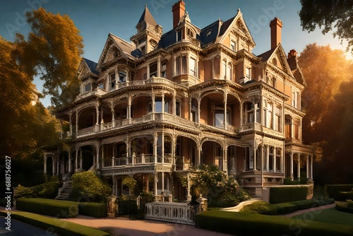 Generate an image of a grand Victorian mansion with intricate detailing, bathed in the warm sunlight of a morning. Highlight the ornate features and the stately presence of the architecture.