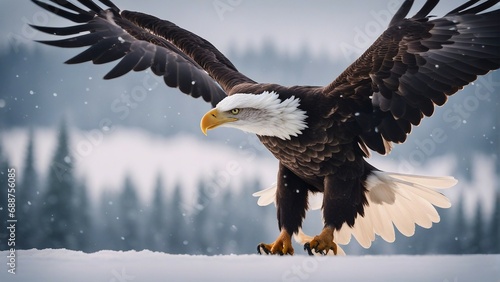bald eagle flying towards the camera in snowfall