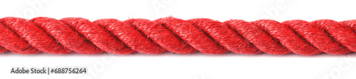 Straight red rope isolated on a white background. Close-up. Panorama.