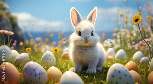 white bunny with colored eggs on the grass, © ArtCookStudio
