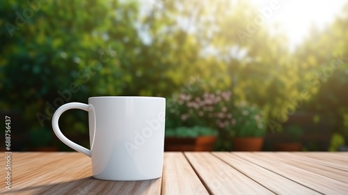 white coffee cup with blank front, realistic on a mockup template in a wooden table in a spring garden