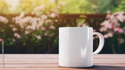 white coffee cup with blank front, realistic on a mockup template in a wooden table in a spring garden