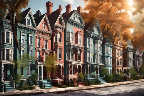 Create a scene featuring a row of Victorian townhouses in a historical district. Emphasize the unique architectural elements, vibrant colors, and the cohesive charm of the neighborhood. photo