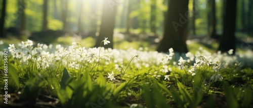 white flowers bloom in a forest,
