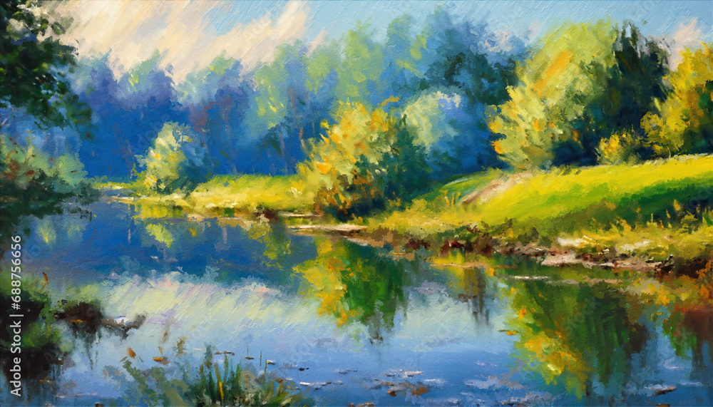 Beautiful Lake View in the Forest. Oil Painting Artwork Beautiful Lake View in the Forest. Oil Painting Artwork
