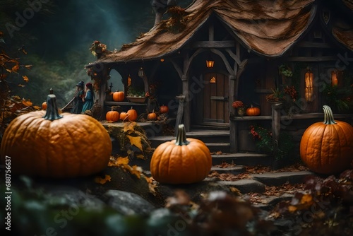 Four distinct fantasy world scenes, with fantastical characters and settings such illustrations of fairies and pumpkin houses. © Amazing-World