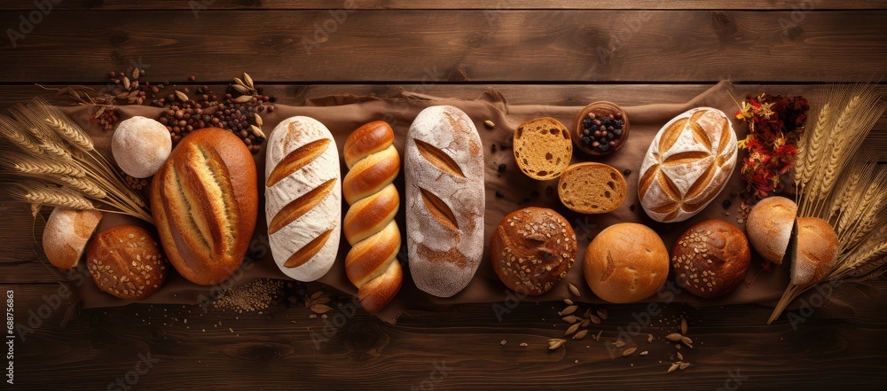 Top view of several different types of bread, wheat and rye breads on ...