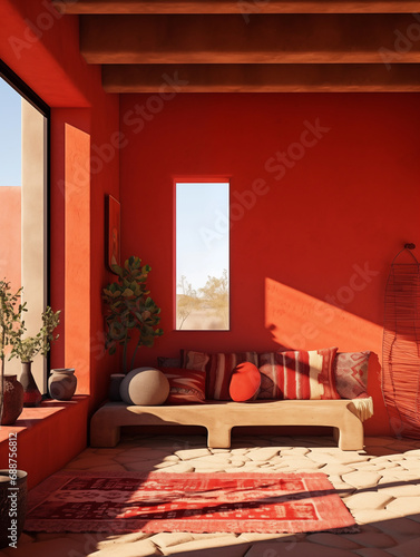 Warmth of terra  cozy desert interior with vibrant textiles. Generative AI