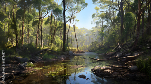 rainforest scene hyper photorealistic with wetland and sun shining through birds in the distance