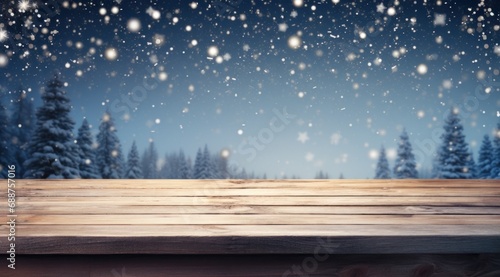 winter scene with a wooden table, snow and snowflakes,