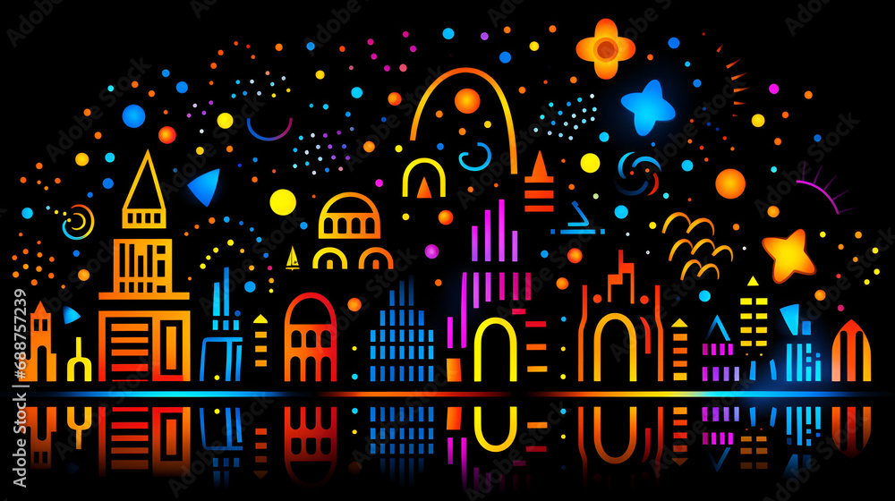 A cylinder city, black light, neon, skyscrapers
