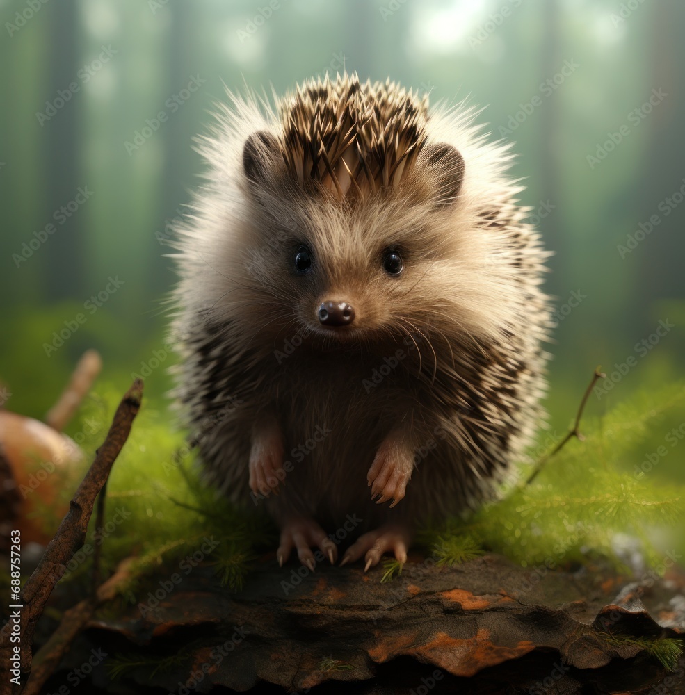 Fototapeta premium a baby hedgehog sits still and looking at the camera,