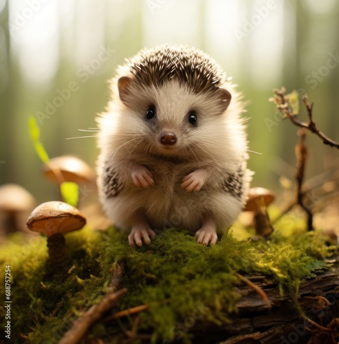 a baby hedgehog sits still and looking at the camera,