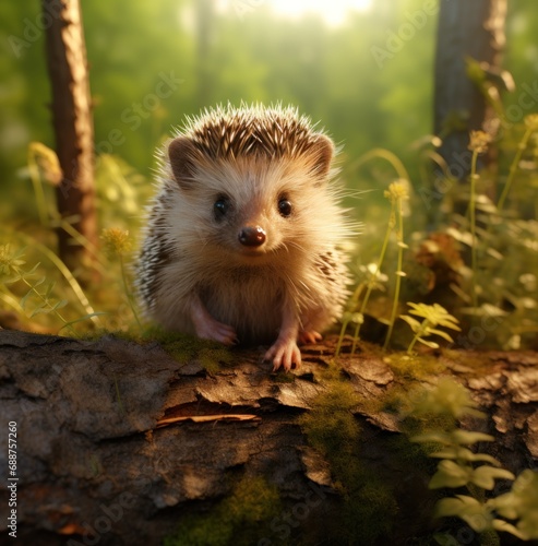 a baby hedgehog sits still and looking at the camera,