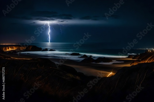 A long exposure picture of a coastline with lightning and a lunar eclipse in the distance.