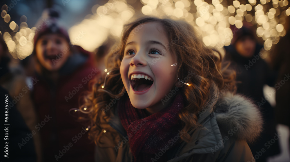 Happy group of diverse kids and family celebrating christmas.Friends celebrating outdoors in evening at a fastival Happy group of diverse kids and family celebrating christmas.Friends celebrating outdoors in evening at a fastival