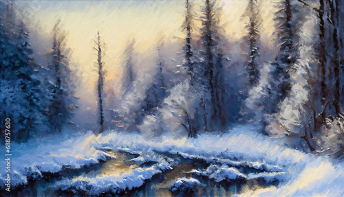 View of the river in the forest in winter. Oil painting artwork