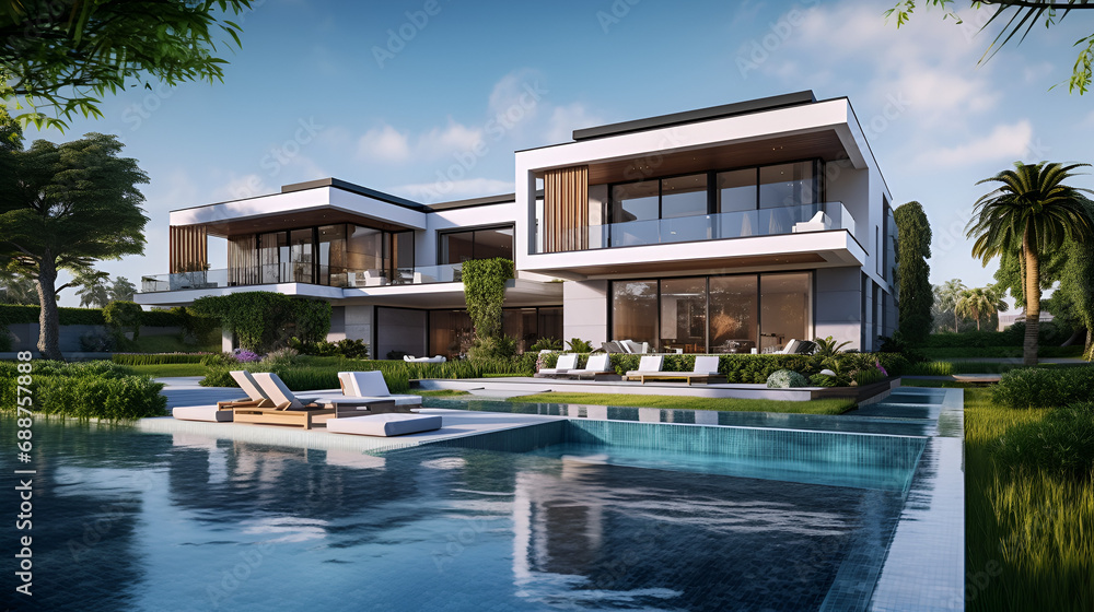 Modern luxury villa with river and pool in front