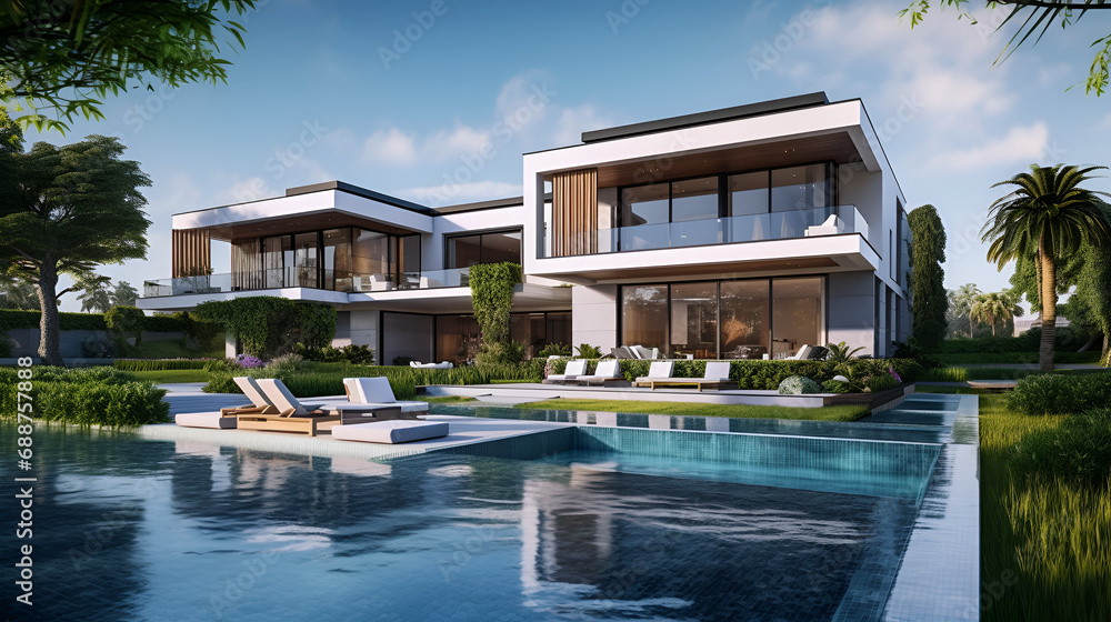 custom made wallpaper toronto digitalModern luxury villa with river and pool in front